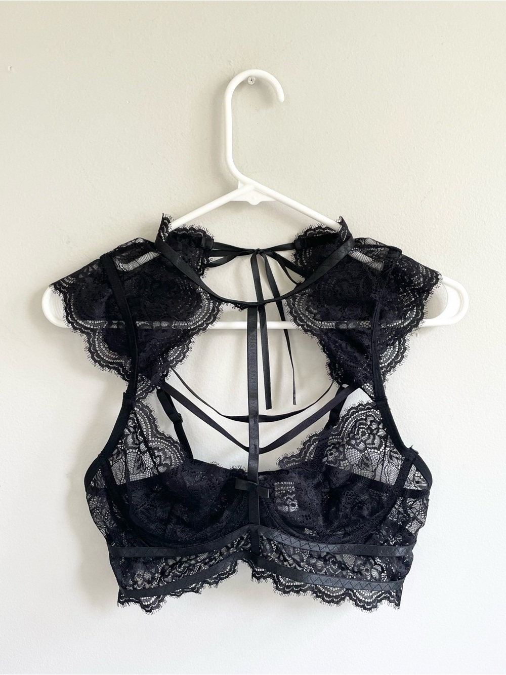BLACK LACE GOTHIC BRA CAMISOLE UNDERWIRE SHEER ADJUSTABLE STRAPS RIBBONS